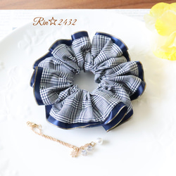 グレンチェック】エレガント＆軽やかなサテンリボン付きのシュシュ