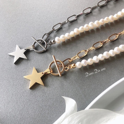Perl×stainless chain silver star  pendant necklace 5枚目の画像