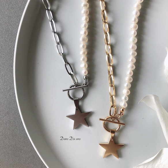 Perl×stainless chain silver star  pendant necklace 2枚目の画像