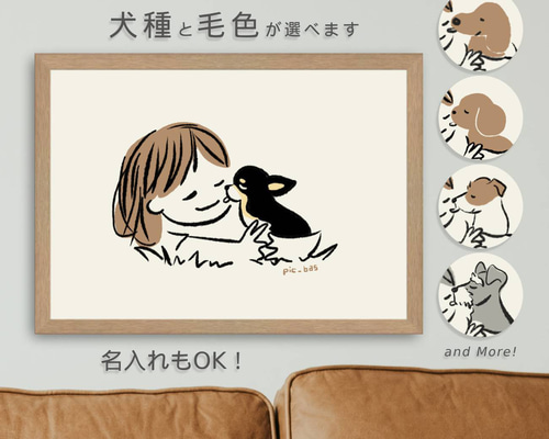 草の上】犬種が選べる名入れ可能 フレーム付き犬のイラストポスター