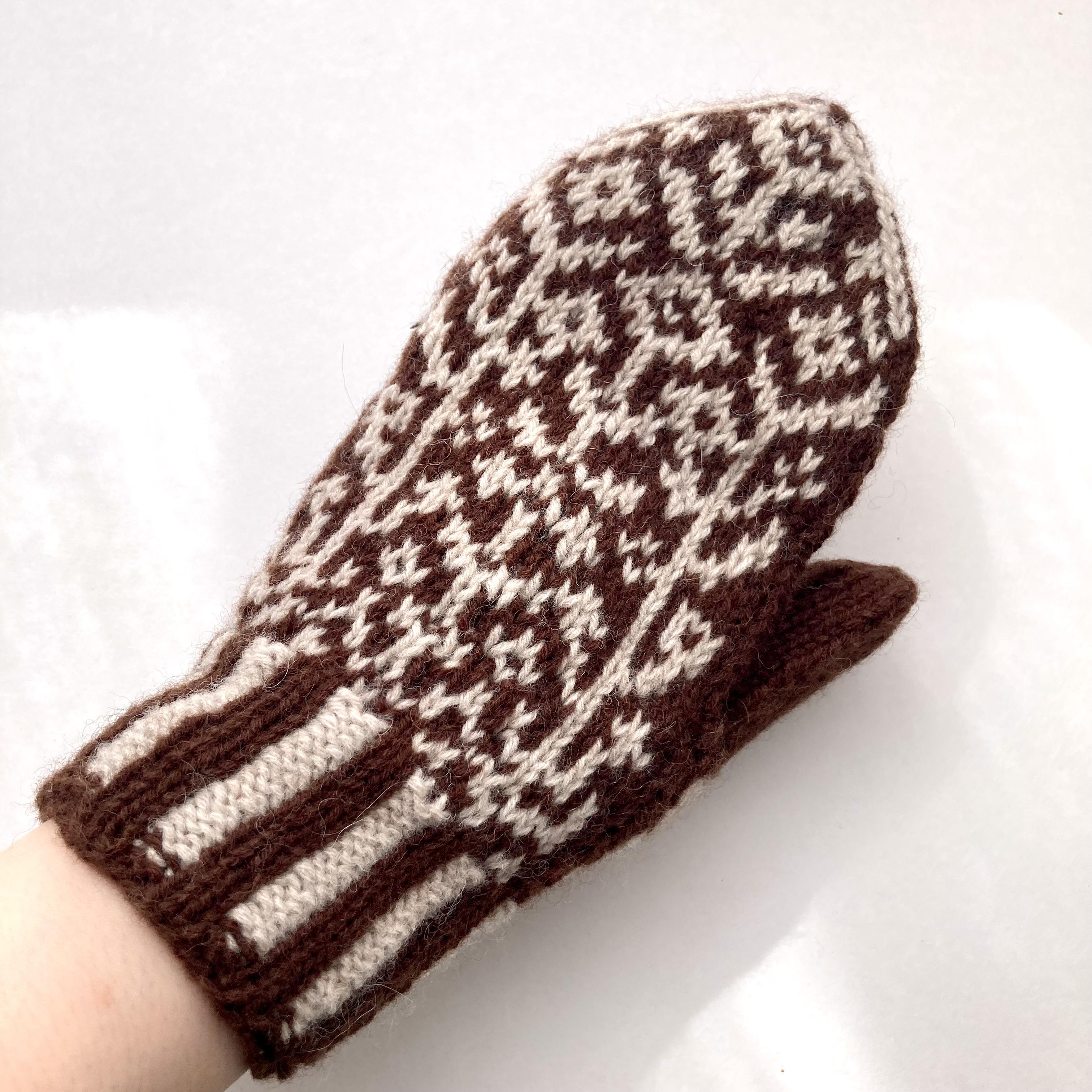 【アルパカ&メリノウール】北欧テイスト　草花模様の手編みミトン　3色展開