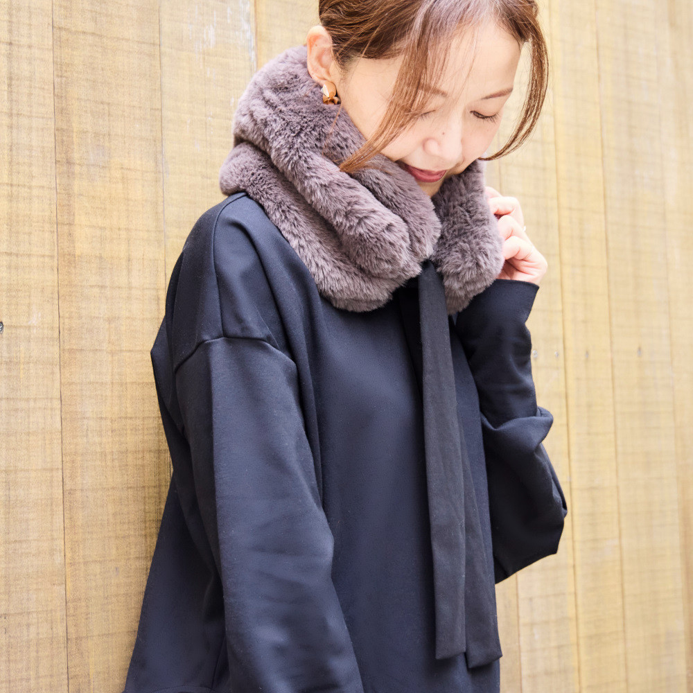 ふわふわなのに洗える！3wayえりまきミニマフラー｜もふもふアニマルフリー｜スモーク