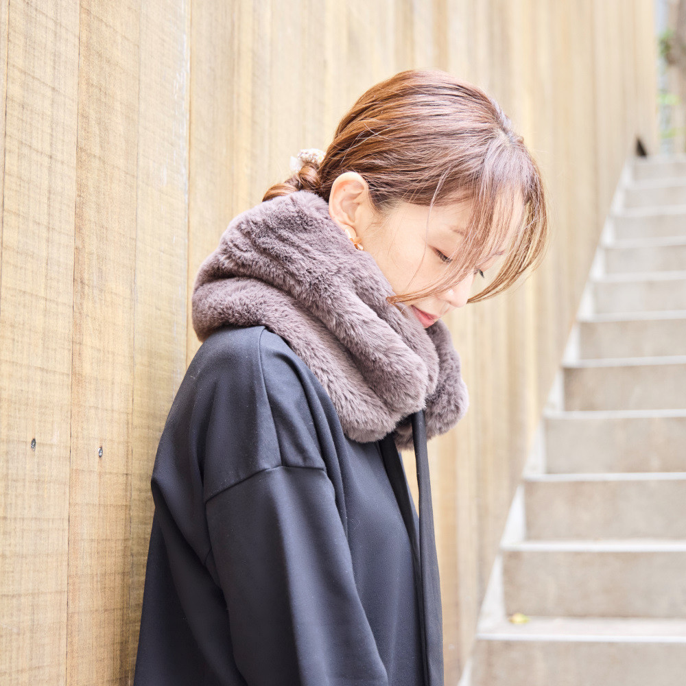 ふわふわなのに洗える！3wayえりまきミニマフラー｜もふもふアニマルフリー｜スモーク