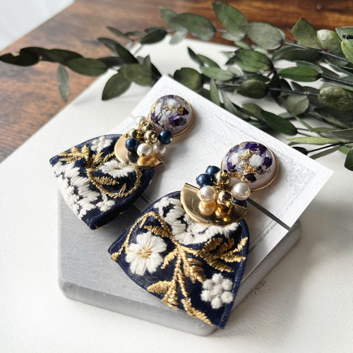 大ぶりチュールインド刺繍リボンタッセルイヤリング/ピアス イヤリング