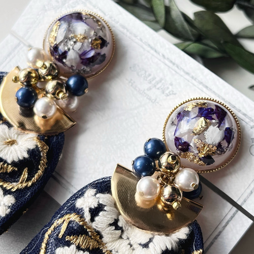 大ぶりチュールインド刺繍リボンタッセルイヤリング/ピアス イヤリング