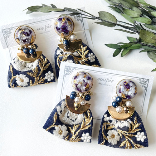 大ぶりチュールインド刺繍リボンタッセルイヤリング/ピアス イヤリング