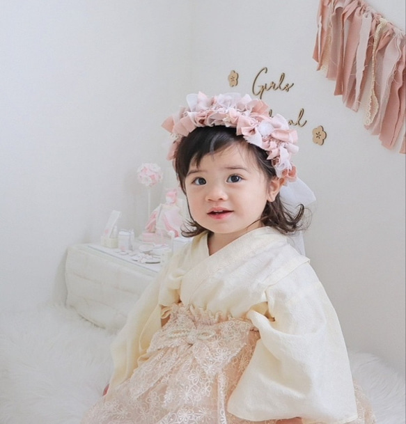 &lt;特集&gt;毛茸茸的絲帶皇冠 暗粉色 ❀ 女兒節、初一節日、半歲生日、一歲生日 第2張的照片