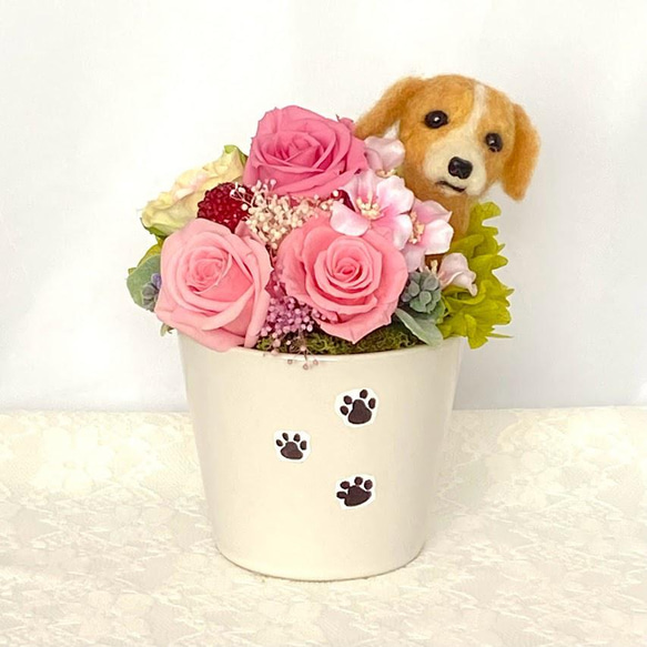 ちょこんと顔出すビーグル犬＆　プリザーブドフラワー（ピンク系）　/　フラワーギフト　花　犬　プレゼント 3枚目の画像