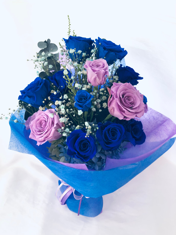 プリザーブドフラワー/青い薔薇とライラックローズの花束 6枚目の画像