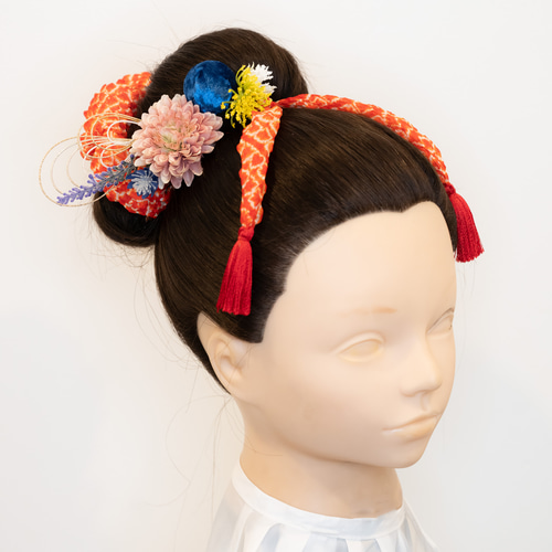 七五三/前撮り髪飾り青C】鹿の子（かのこ）ちんころ＆タッセル付き組紐