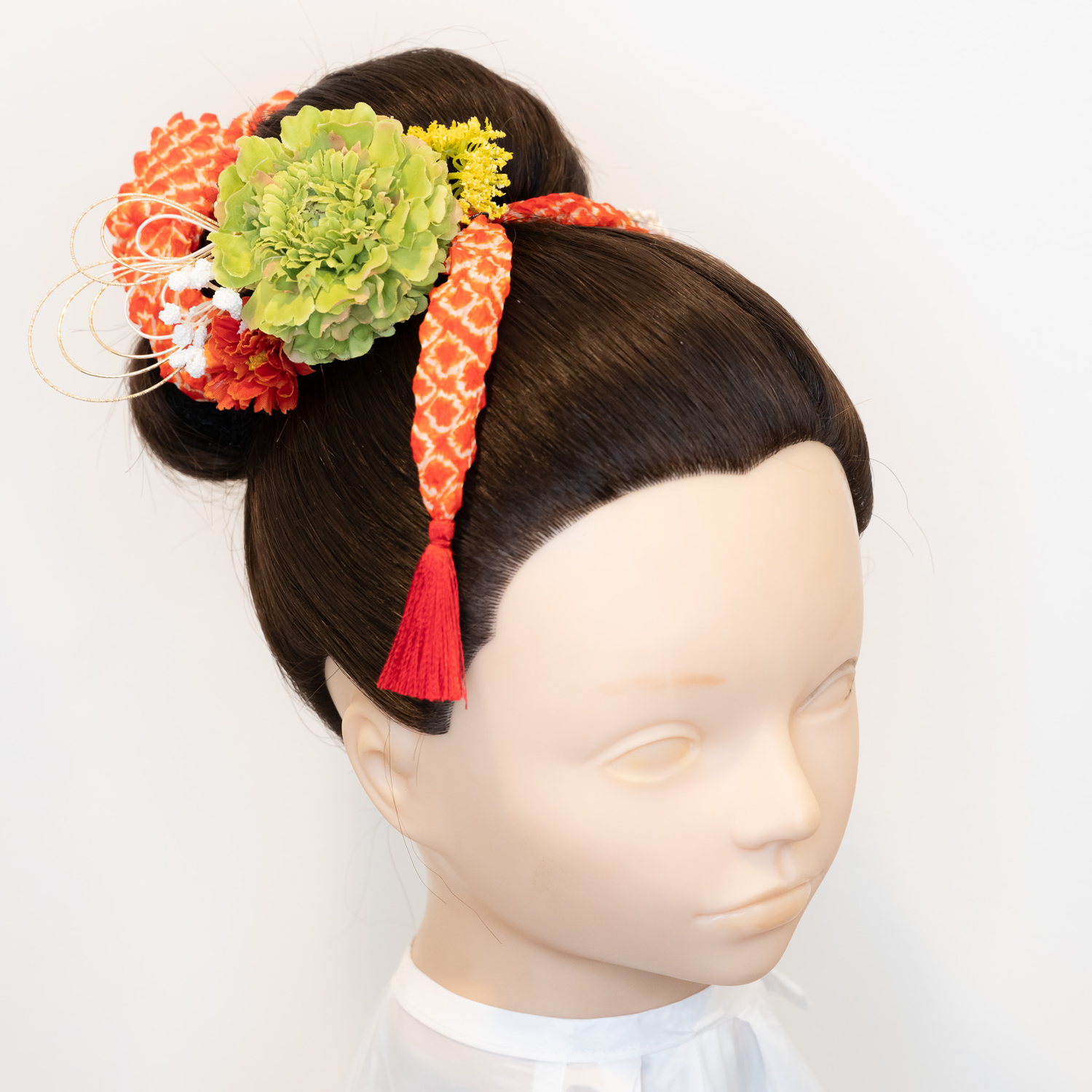 【七五三・前撮り髪飾り緑D】鹿の子（かのこ）ちんころ＆タッセル付き組紐＆水引きヘアアクセサリー/3歳・7歳の被布お着物に