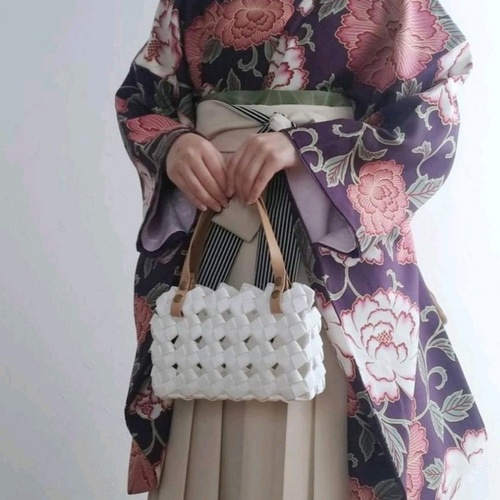 夏 涼やか 大人カゴバッグ S 白 white 本革ハンドル ギフト 着物