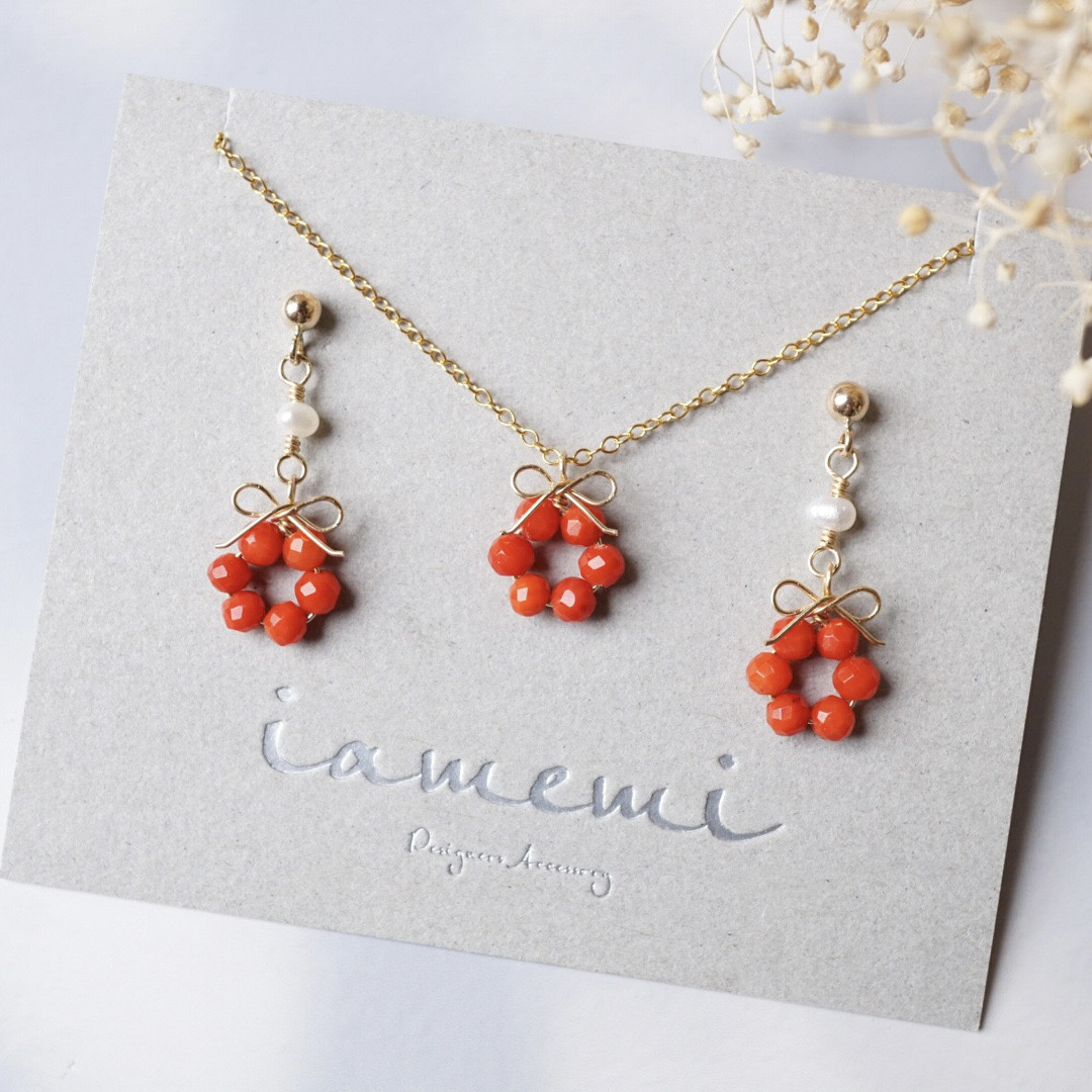 【お得セット】「椿の花結」ピアス イヤリング ネックレス 赤珊瑚 淡水パール リボン 天然石 誕生石 華奢 母の日