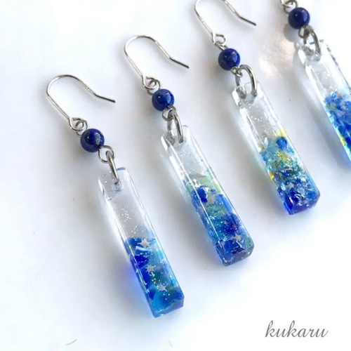 ハンドメイド　琉球ガラス　群青　スカイブルー　四角　レジン　ピアス　イヤリング | フリマアプリ ラクマ