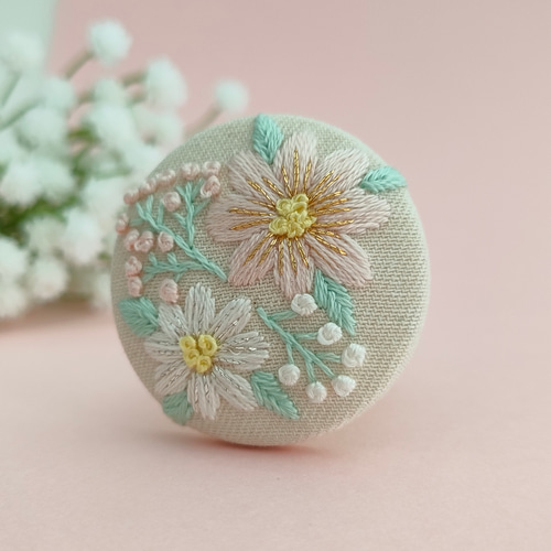 ふんわりパステルカラーのお花刺繍ブローチor刺繍ヘアゴム ブローチ