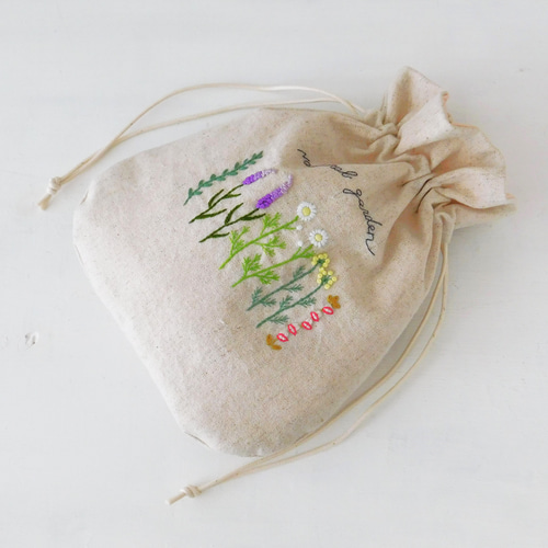 ナチュラルガーデン ハーブのお花 刺繍巾着 【受注製作】 巾着袋 手