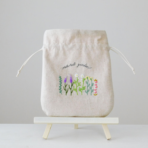 ナチュラルガーデン ハーブのお花 刺繍巾着 【受注製作】 巾着袋 手