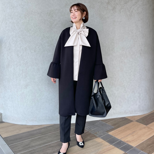 美品【keep my closet】ダンボールニット袖フレアコート　 黒 RUIRUE BOUTIQUE（ルイルエブティック） コート アウター パール