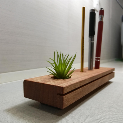 ☆現品一点物！！天然木の3本ペン立て印鑑スタンド 植物 フェイク 