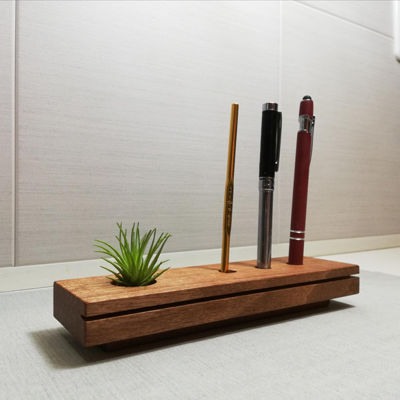 ☆現品一点物！！天然木の3本ペン立て印鑑スタンド 植物 フェイク 