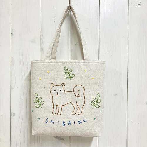 ワンマイルmini【柴犬】 刺し子・綿麻・帆布 トートバッグ 夙川さくら