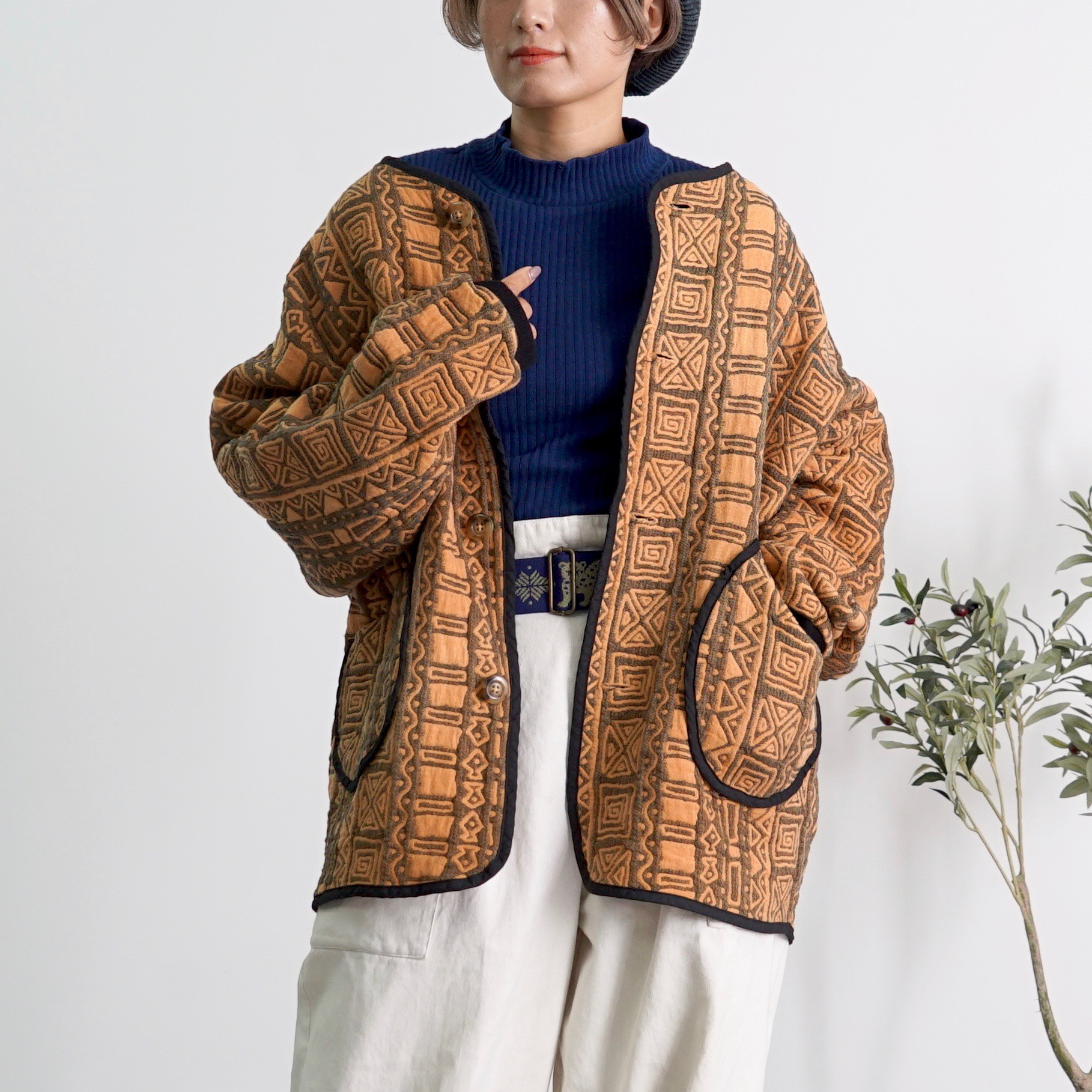 6重ガーゼノーカラージャケット/オレンジ/三河木綿