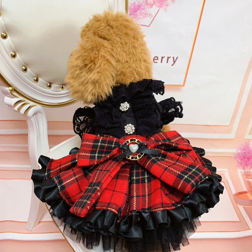 手数料安い 犬猫うさちゃん服 BLACK×赤チェックのワンピース ペット服 犬服・アクセサリー
