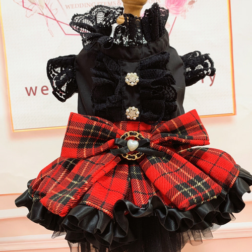 犬猫うさちゃん服 BLACK×赤チェックのワンピース ペット服