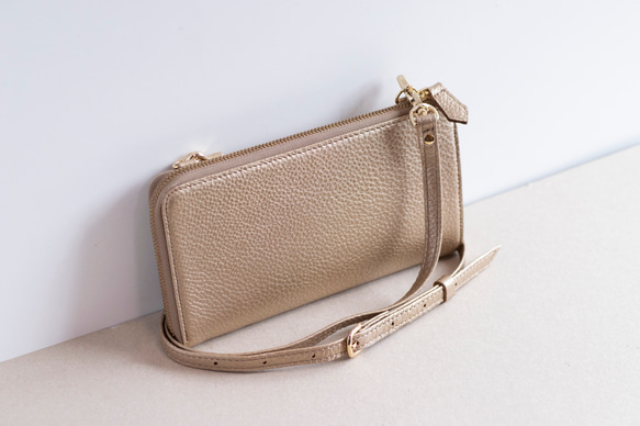 ゴールド財布 シンプル お財布ショルダー L字ファスナー 長財布