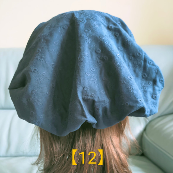 【12】医療帽子　ケア帽子　バンダナキャップ　室内帽子　治療帽子〈ネイビー　紺　刺繍柄　ダブルガーゼ〉#新作2024 3枚目の画像