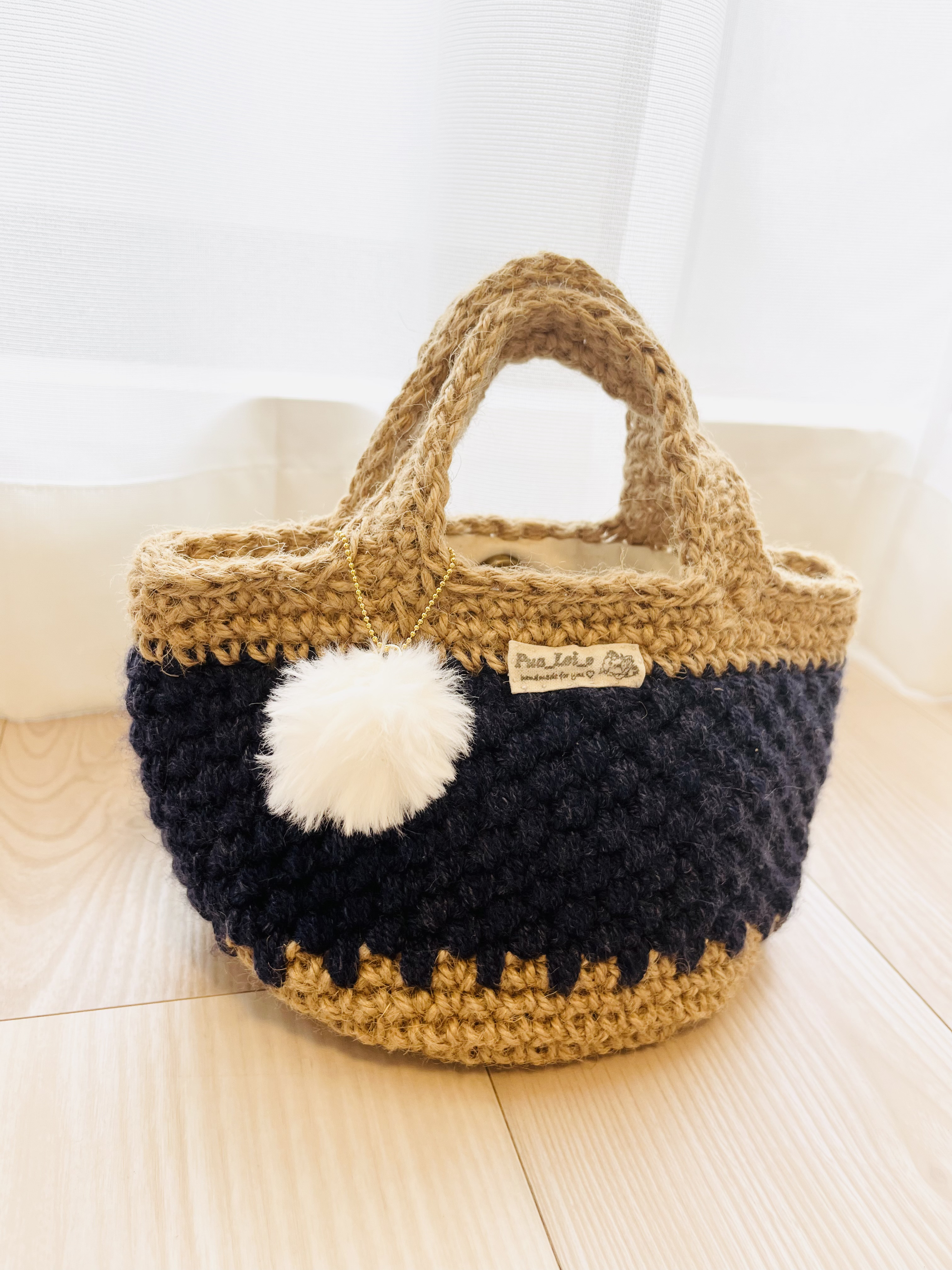 麻紐バッグ ニットバッグ ミニマルシェバッグ ぽこぽこ編み ネイビー