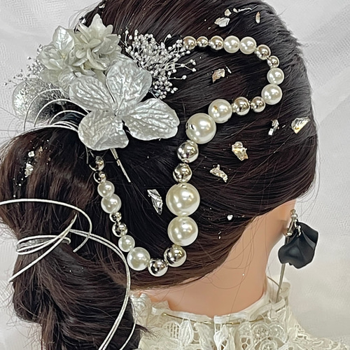 成人式 髪飾り シルバーパールミックス ランダムボールチェーン 水引き