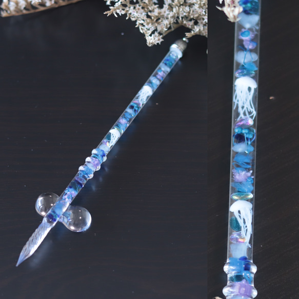 ガラスペン　月海月 水中花のガラスペン～海月～＊ガラスペン置き付き＊ハーバリウム