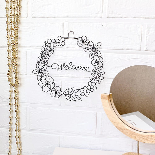 お花たくさんのwelcomeリース ワイヤークラフト ワイヤーアート リース
