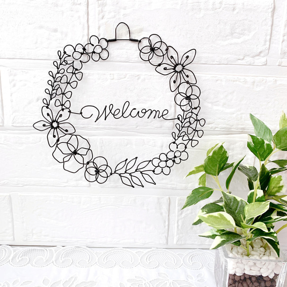 お花たくさんのwelcomeリース ワイヤークラフト ワイヤーアート リース  