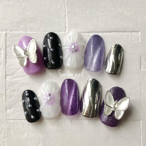 再販 キラキラマグネット蝶ネイルチップ【紫×黒】♡成人式.結婚式.和装  