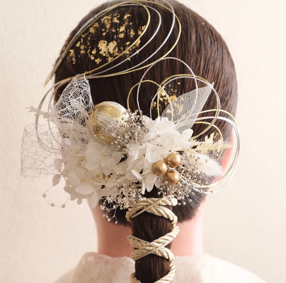 №098♡紐アレンジ♡ドライフラワー＆プリザーブドフラワー髪飾り♡成人