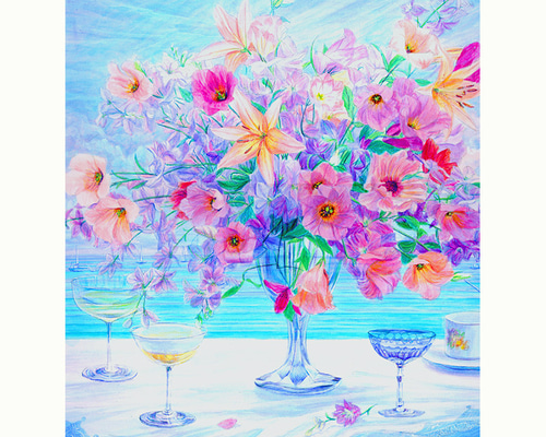 額装☆アメリカで版画化☆花の絵 花 フラワー 版画 ブルー