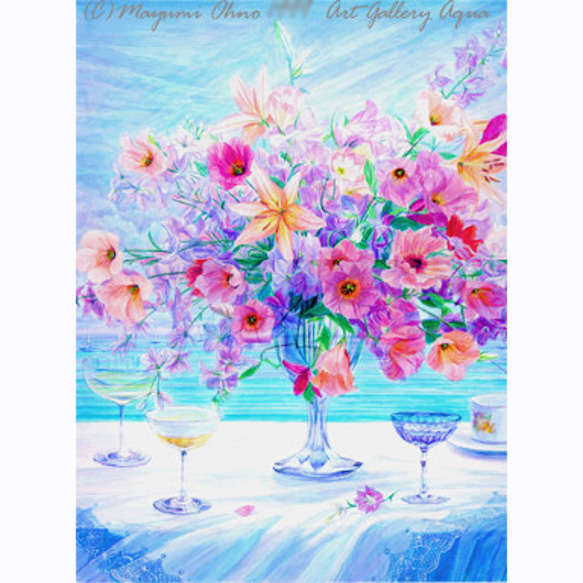 額装絵画☆アメリカで版画化された作品☆花の絵　花　フラワー　水彩画　ブルー　ピンク　ラベンダー　青　南の島 1枚目の画像