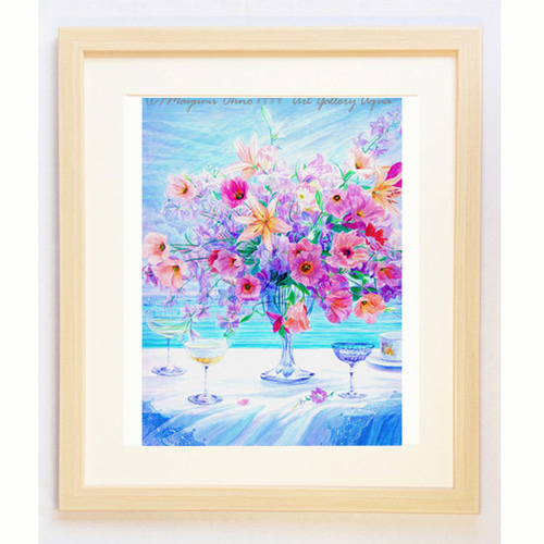 額装絵画☆アメリカで版画化☆花の絵 花 フラワー 版画 ブルー