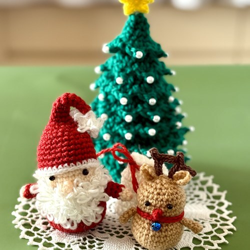 クリスマスツリー・サンタ・トナカイ・サンタさん袋☆編みぐるみ4点