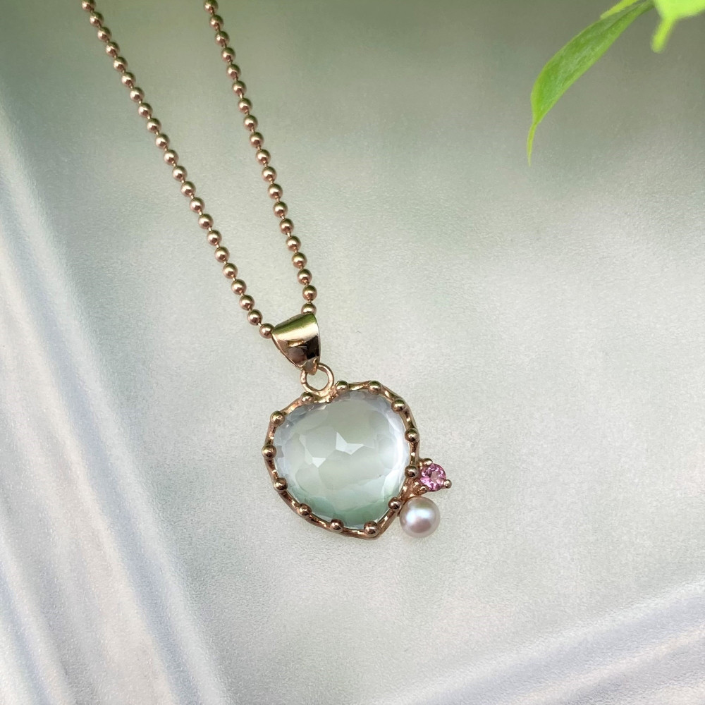 SV925 天然石 プレーナイト/ピンクトルマリン/淡水パールのハートペンダント【P0011PG】