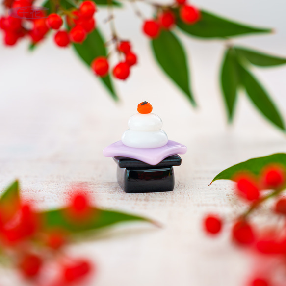 鏡餅と三宝、台座 ガラス細工 ミニチュア 鏡餅と三宝、台座 ガラス細工