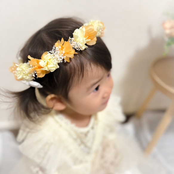 【送料無料】ベビー　キッズ　花冠　~lemon orange~  花かんむり　はなかんむり　結婚式　子供用　リングガール 4枚目の画像