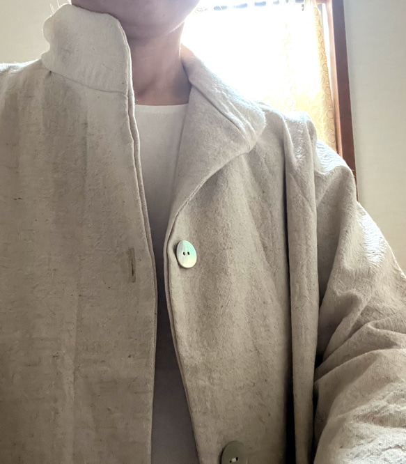 ジャケット　程よいスタンド＆丸襟2way❤️ 生地を選んでコート／ブラウスにも◎ (見本はオプションなし、綿麻、オフ白) 6枚目の画像