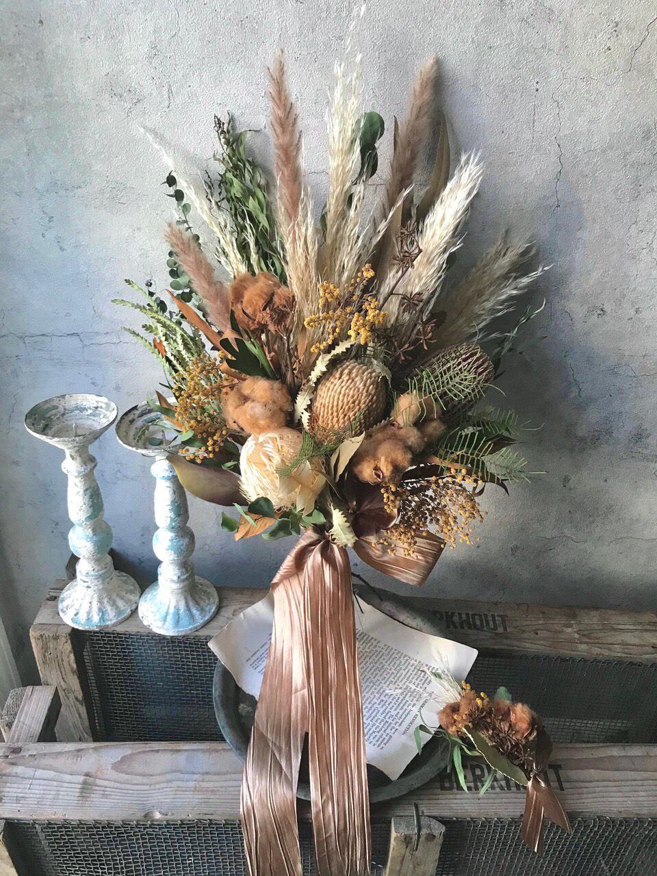 ブラウンコットン×バンクシアのドライフラワーブーケ＆ブートニアset