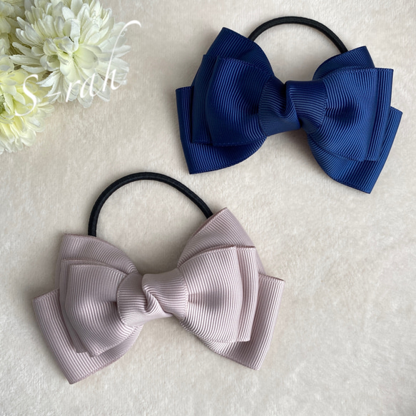 再販》たっぷりかわいい 重ねリボン ヘアゴム ①ネイビー、ピンク  