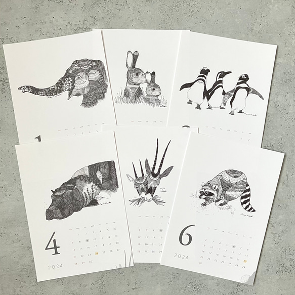 ＼卓上にも／2024カレンダー ○緻密なペン画の 12匹の動物たち○ 4枚目の画像