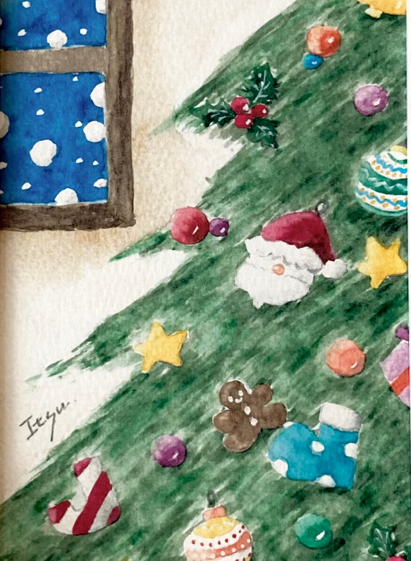 透明水彩画　A4ポスター「大きなクリスマスツリー」オーナメントクリスマスインテリア　クリスマスギフト　クリスマスツリー　 2枚目の画像