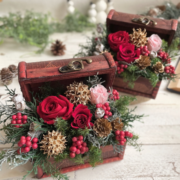 【Creema限定】聖夜を彩るまっかなバラの宝箱アレンジメント＊プリザーブドフラワー 6枚目の画像